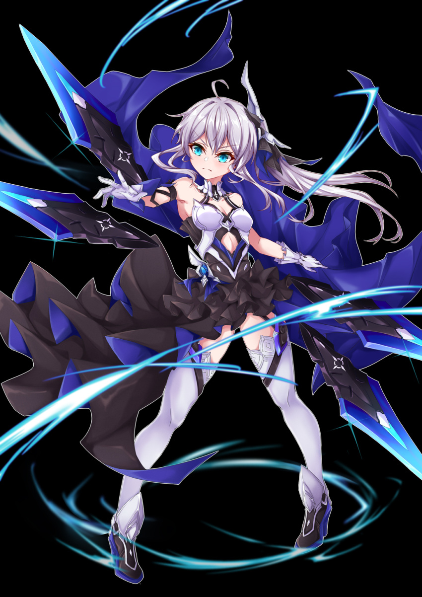 1girl antenna_hair bangs bare_shoulders black_background blue_eyes breasts closed_mouth full_body gloves hair_between_eyes hair_ornament highres honkai_(series) honkai_impact_3rd miying_(13975192760) side_ponytail simple_background small_breasts solo theresa_apocalypse theresa_apocalypse_(twilight_paladin) thigh-highs v-shaped_eyebrows white_gloves white_hair white_legwear