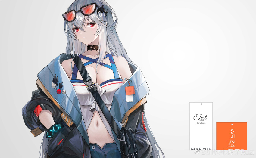 1girl absurdres arknights bag bangs bare_shoulders black_bag black_choker black_jacket blue_shorts breasts choker eyebrows_visible_through_hair eyewear_on_head hair_between_eyes hand_in_pocket head_tilt highres infection_monitor_(arknights) jacket jia_redian_ruzi_ruzi long_hair looking_at_viewer medium_breasts no_hat no_headwear off_shoulder official_alternate_costume open_clothes open_fly open_jacket parted_bangs red_eyes shirt shorts shoulder_bag silver_hair skadi_(arknights) skadi_(waverider)_(arknights) snap-fit_buckle solo sunglasses teeth upper_body very_long_hair white_background white_shirt