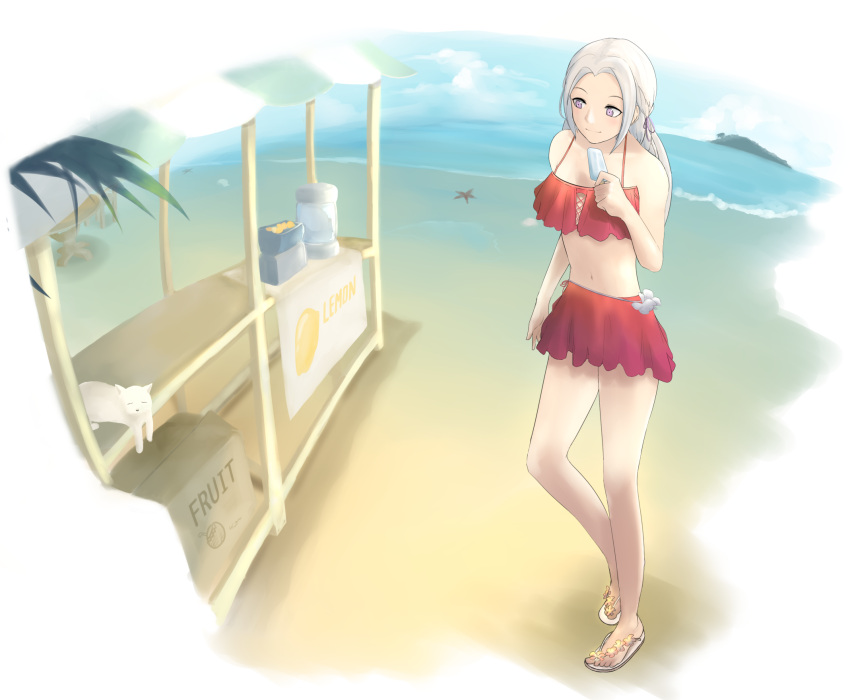 1girl 1other animal beach bikini bikini_skirt box cat cute edelgard_von_hresvelg feline fire_emblem fire_emblem:_three_houses fire_emblem:_three_houses fire_emblem_16 food hair_ribbon human intelligent_systems lemon long_hair mammal navel nintendo ocean popsicle red_bikini ribbon sandals solo starfish summer swimsuit violet_eyes white_hair yihama