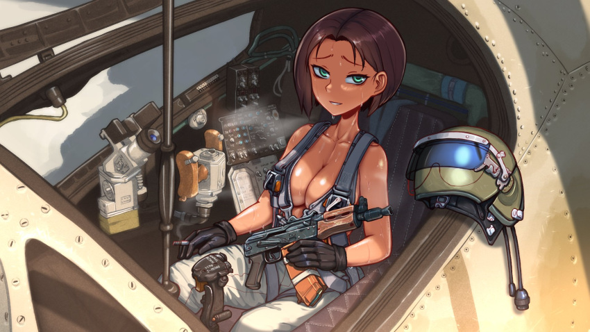 1girl aircraft airplane brown_hair cigarette collarbone control_rod dark-skinned_female dark_skin english_commentary erica_(naze1940) green_eyes gun headwear_removed helmet helmet_removed highres holding holding_cigarette holding_gun holding_weapon looking_at_viewer medium_hair naked_overalls open_mouth original overalls pants shiny shiny_skin sitting smile smoke solo sweat sweating_profusely weapon