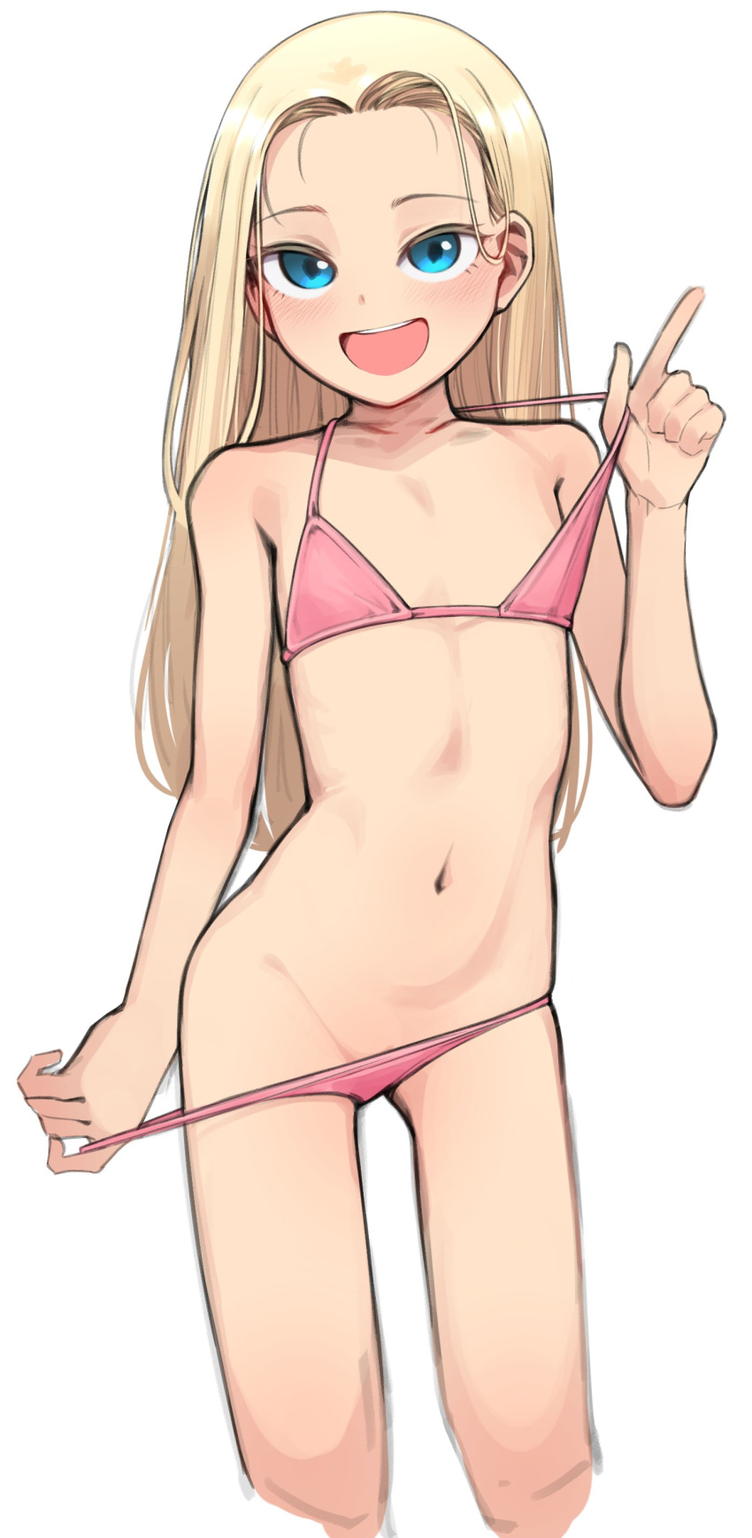1girl absurdres bare_shoulders bikini bikini_pull blonde_hair blue_eyes blush borrowed_character clothes_pull commentary cropped_legs flat_chest highres index_finger_raised long_hair looking_at_viewer navel open_mouth original pink_bikini pulled_by_self sasha_(haguhagu) simple_background smile solo swimsuit white_background yeun