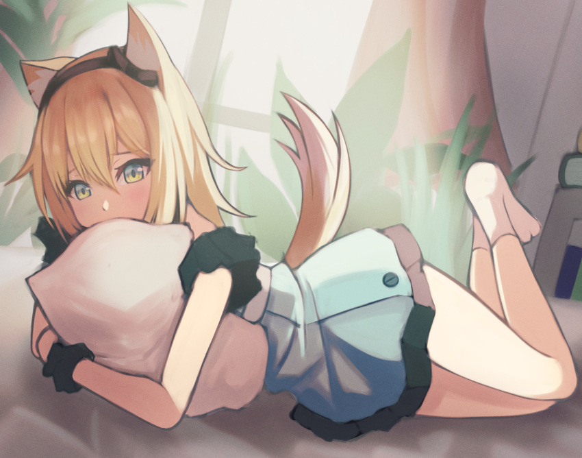 1girl animal_ears arknights black_bow black_hairband black_wristband blonde_hair blush book bow dog_ears dog_girl dog_tail dress full_body green_dress green_eyes hair_between_eyes hair_bow hairband highres long_hair looking_at_viewer lying official_alternate_costume on_side pillow pillow_hug plant podenco_(arknights) podenco_(wake_up_from_a_nap)_(arknights) red_curtains sanukiske solo tail white_legwear window wristband