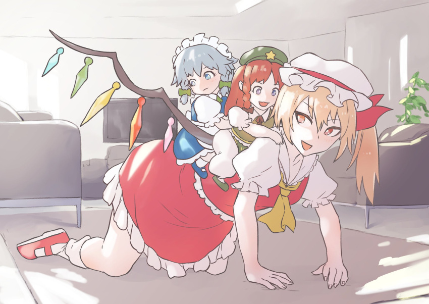 3girls all_fours ascot bangs beret blonde_hair blue_eyes blue_footwear bow braid couch dress flandre_scarlet full_body green_dress green_eyes green_footwear green_headwear grey_hair hair_bow hat hat_ornament hat_ribbon highres hong_meiling indoors izayoi_sakuya looking_at_another maid maid_headdress mob_cap multiple_girls plant red_eyes red_footwear red_ribbon red_shirt red_skirt ribbon role_reversal senmuts shirt short_sleeves side_braids sitting sitting_on_person skirt socks star_(symbol) star_hat_ornament television touhou twin_braids white_headwear white_legwear yellow_neckwear