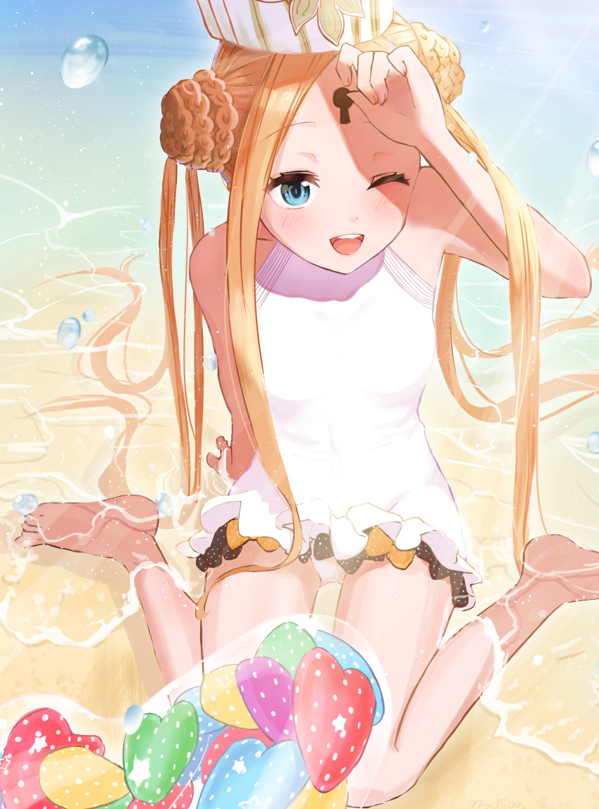 1girl abigail_williams_(fate) abigail_williams_(swimsuit_foreigner)_(fate) absurdres bangs bare_shoulders barefoot beach black_bow blonde_hair blue_eyes bow braid braided_bun breasts double_bun dress_swimsuit fate/grand_order fate_(series) forehead highres innertube keyhole long_hair looking_to_the_side mitre mochian multiple_bows one_eye_closed open_mouth orange_bow parted_bangs shore sidelocks sitting small_breasts smile swimsuit twintails very_long_hair wariza white_headwear white_swimsuit