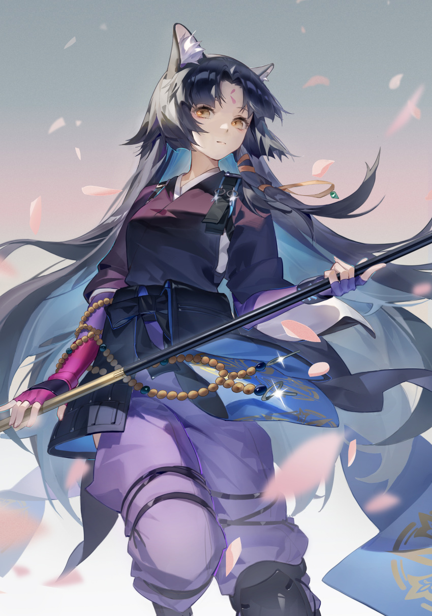 1girl absurdres animal_ear_fluff animal_ears arknights bangs beads black_hair chinese_commentary commentary_request dog_ears facial_mark fingerless_gloves forehead_mark gloves grey_background highres holding holding_weapon japanese_clothes kimono limao_jun long_hair long_sleeves looking_at_viewer pants prayer_beads purple_gloves purple_kimono purple_pants saga_(arknights) solo very_long_hair weapon yellow_eyes