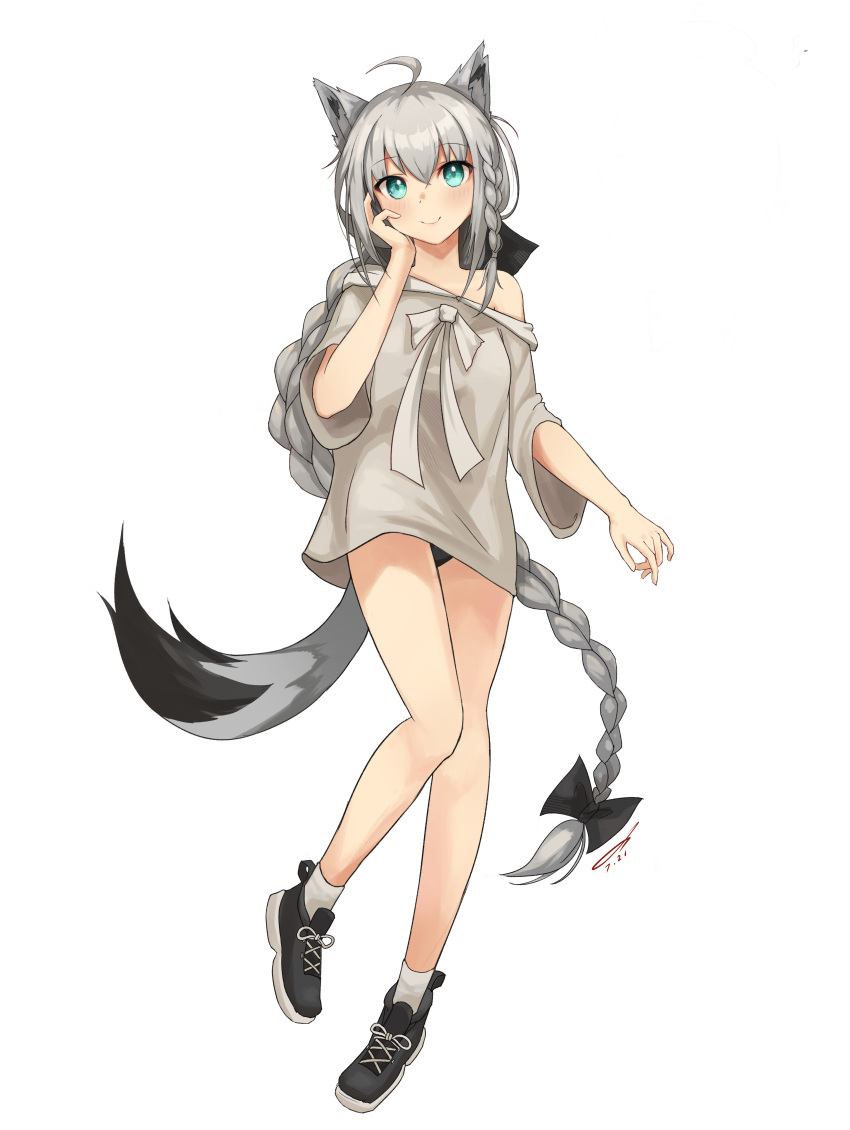 1girl absurdres ahoge alternate_costume alternate_hair_color alternate_hairstyle animal_ears aqua_eyes black_bow bow dated fox_ears fox_girl fox_tail full_body grey_hair hair_bow hand_on_own_cheek hand_on_own_face highres hololive jushoro long_braid long_hair long_shirt looking_at_viewer no_pants off-shoulder_shirt off_shoulder shirakami_fubuki shirt shoes signature sneakers solo tail twintails very_long_hair