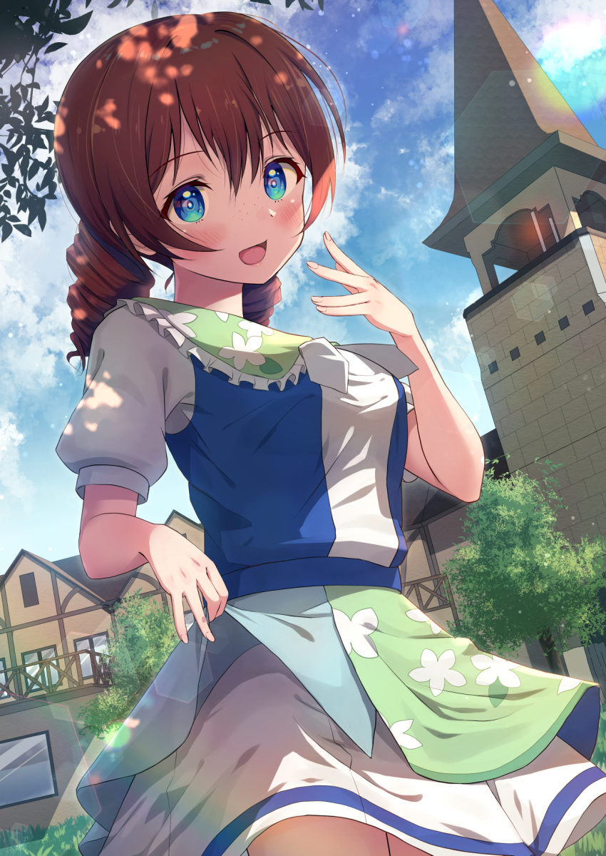 1girl :d alternate_costume apron b.ren bangs bib blue_eyes blue_shirt blush breasts brown_hair church clothes_lift clouds cloudy_sky cowboy_shot day drill_hair dutch_angle emma_verde floral_print freckles green_apron hand_to_own_mouth highres layered_skirt lifted_by_self light_rays looking_at_viewer love_live! love_live!_nijigasaki_high_school_idol_club medium_breasts medium_hair open_mouth outdoors puffy_short_sleeves puffy_sleeves shirt short_sleeves skirt skirt_lift sky smile solo town tree twintails two-tone_shirt white_shirt white_skirt