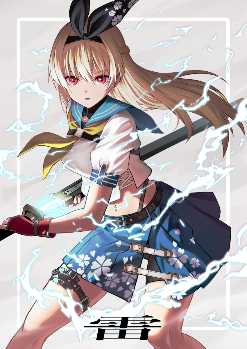 1girl bangs belt blue_skirt braid commentary_request eyebrows_visible_through_hair eyes_visible_through_hair fighting_stance fingerless_gloves gloves hairband highres holding holding_sword holding_weapon katana long_hair looking_at_viewer midriff navel original pleated_skirt red_eyes red_gloves school_uniform serafuku sidelocks silver_hair simple_background single_braid sion_(9117) skirt solo sword translation_request weapon