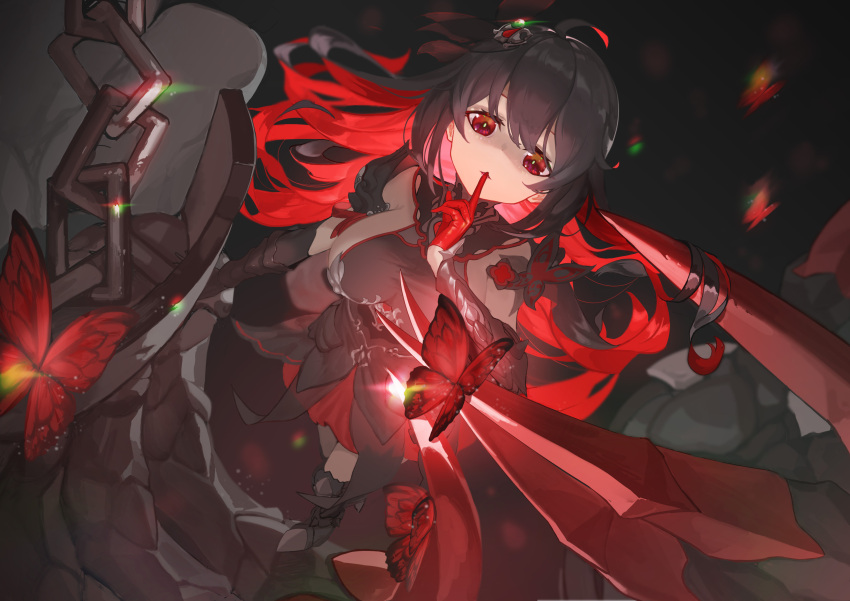 1girl absurdres antenna_hair bangs breasts bug butterfly chain closed_mouth disembodied_limb elbow_gloves gloves glowing hair_between_eyes hair_ornament highres honkai_(series) honkai_impact_3rd index_finger_raised insect johnny-chan long_hair looking_at_viewer red_butterfly red_eyes red_gloves redhead seele_(alter_ego) seele_vollerei seele_vollerei_(starchasm_nyx) solo