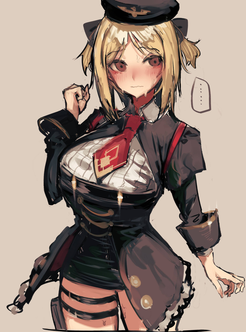 1girl absurdres akitaka_takaaki blonde_hair blush breasts brown_eyes girls_frontline highres large_breasts mp40_(girls_frontline) official_alternate_costume solo sweat sweating_profusely thigh_strap undersized_clothes