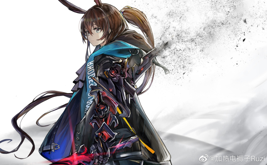 1girl amiya_(arknights) amiya_(guard)_(arknights) animal_ears arknights ascot black_coat blue_eyes brown_hair chinese_commentary closed_mouth coat commentary_request dissolving frilled_ascot frills highres holding holding_sword holding_weapon jia_redian_ruzi_ruzi long_hair looking_afar open_clothes open_coat originium_arts_(arknights) ponytail purple_neckwear rabbit_ears shirt simple_background solo sword upper_body weapon weibo_username white_background