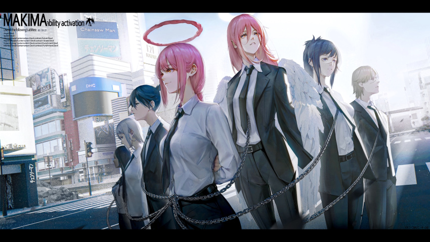 3boys 4girls absurdres akane_sawatari_(chainsaw_man) angel_devil_(chainsaw_man) angel_wings arms_behind_back black_hair black_jacket black_neckwear black_pants black_suit blonde_hair braid braided_ponytail breasts chain chainsaw_man character_name city closed_mouth collared_shirt commentary copyright_name cowboy_shot day dress_shirt english_commentary english_text erjian expressionless eyebrows_visible_through_hair floating formal hair_between_eyes halo hayakawa_aki_(chainsaw_man) highres jacket kurose_yuutarou letterboxed long_hair makima_(chainsaw_man) medium_breasts medium_hair multiple_boys multiple_girls necktie open_clothes open_jacket orange_eyes outdoors pant_suit pants prinz_(chainsaw_man) redhead ringed_eyes road scar scar_on_face shirt short_hair silver_hair smile spoilers standing straight_hair street suit tendou_michiko topknot white_shirt wing_collar wings