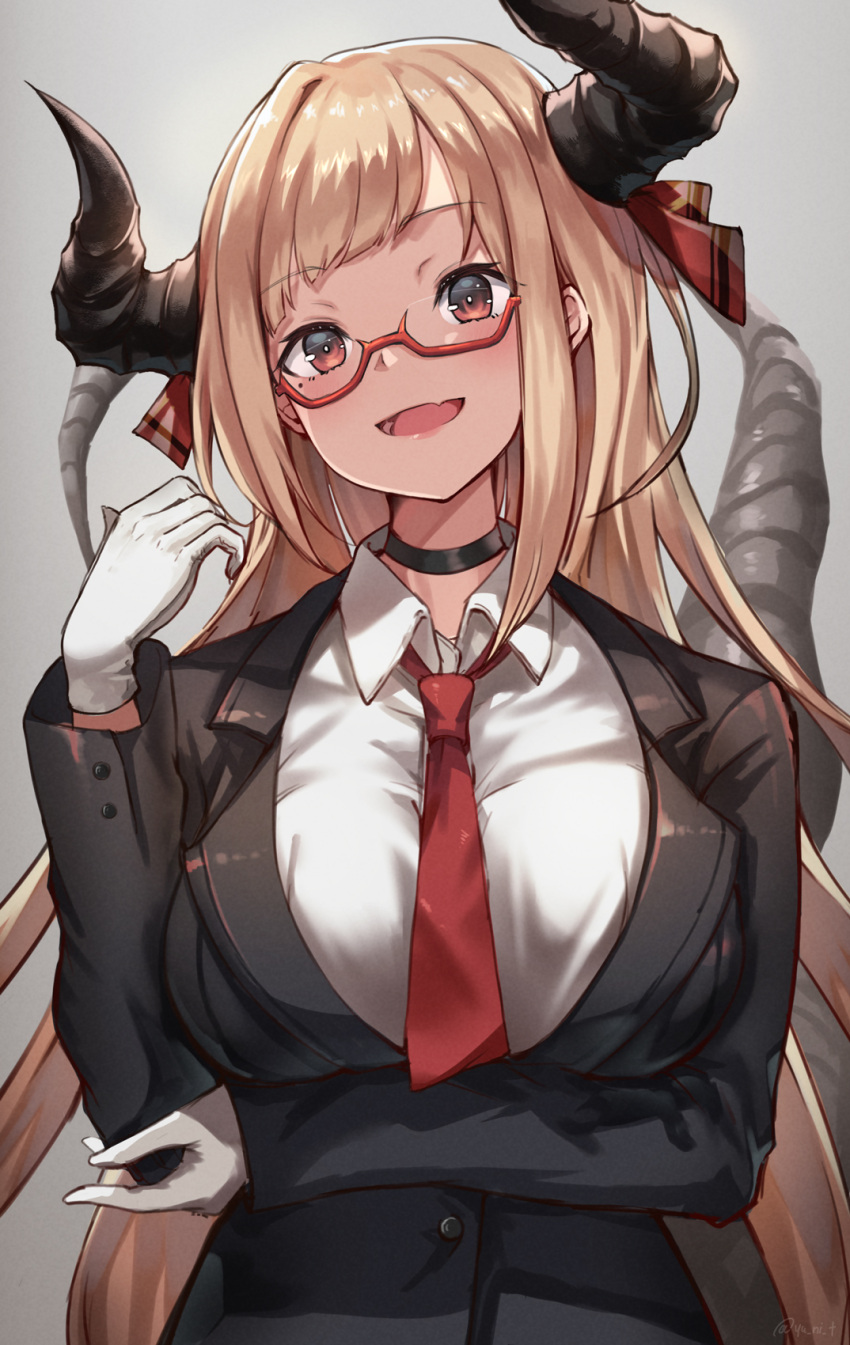 1girl :d arm_under_breasts bangs black_choker black_jacket blush breasts choker collared_shirt commentary_request demon_wings eyebrows_visible_through_hair fang formal glasses gloves hand_up highres jacket large_breasts long_hair looking_at_viewer necktie open_mouth original red_eyes red_neckwear semi-rimless_eyewear shirt signature skin_fang smile solo suit tail tail_raised upper_body very_long_hair white_gloves white_shirt wings yu_ni_t