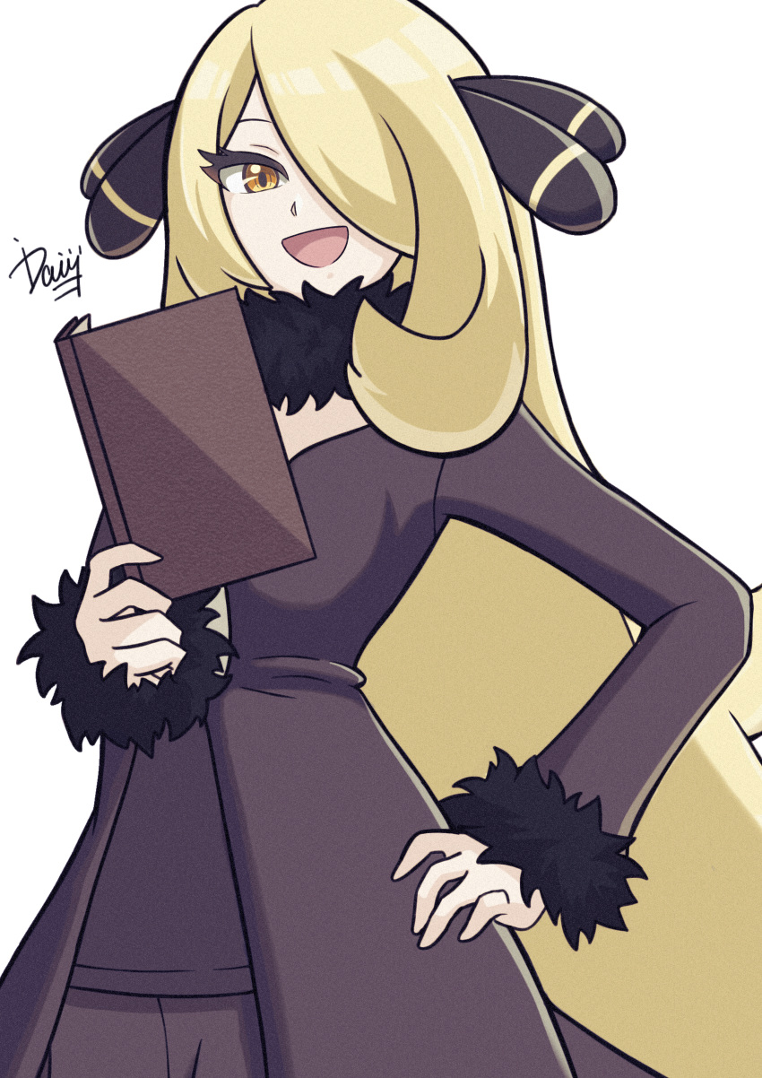 1girl :d absurdres bangs black_coat black_neckwear black_scarf black_shirt blonde_hair book coat cynthia_(pokemon) eyelashes from_below fur_trim hair_ornament hair_over_one_eye hand_on_hip highres holding holding_book huge_filesize ida_(idalol490) long_hair looking_at_viewer open_mouth pokemon pokemon_(game) pokemon_dppt scarf shirt signature simple_background smile solo standing upper_body very_long_hair white_background wrist_cuffs yellow_eyes