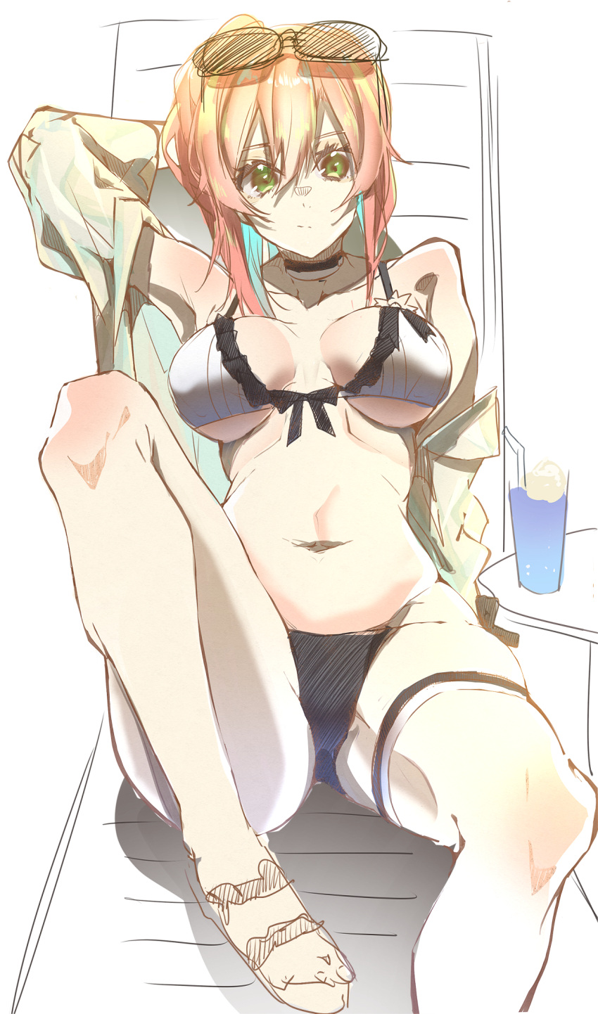 1girl bikini breasts closed_mouth collarbone e_sky_rugo eyebrows_visible_through_hair eyewear_on_head girls_frontline green_eyes hand_on_back hand_on_head highres long_hair looking_at_viewer lying medium_breasts on_back orange_hair r93_(girls_frontline) sandals simple_background solo swimsuit white_bikini white_swimsuit