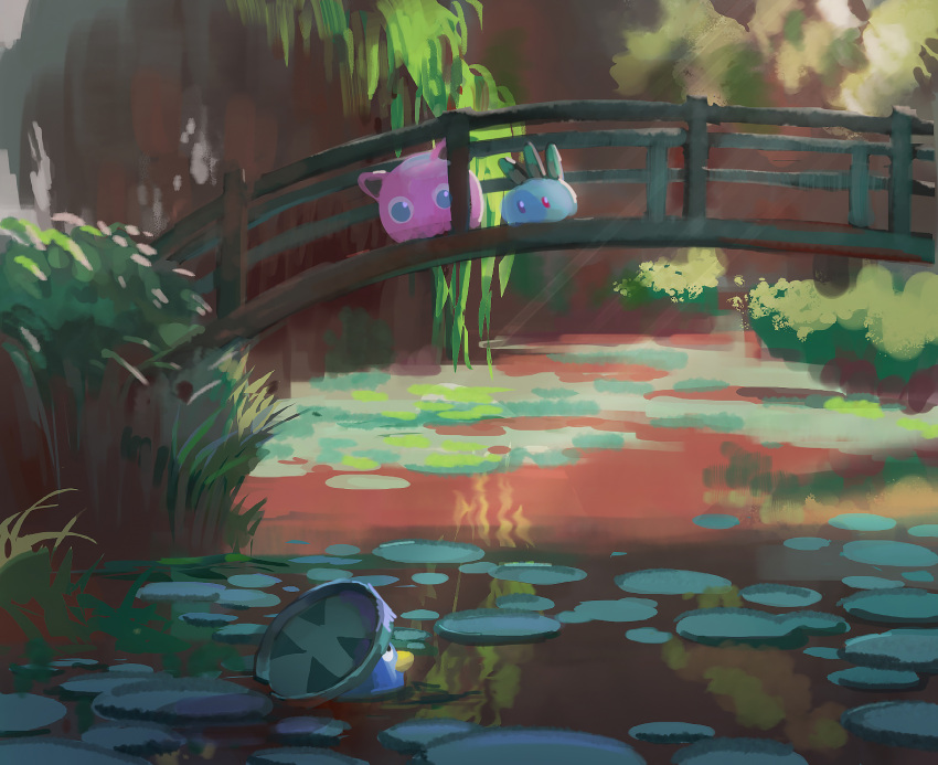 black_eyes bridge closed_mouth commentary_request day eye_contact frogjem gen_1_pokemon gen_3_pokemon highres jigglypuff light_rays lily_pad looking_at_another lotad no_humans oddish outdoors pokemon pokemon_(creature) pond red_eyes water