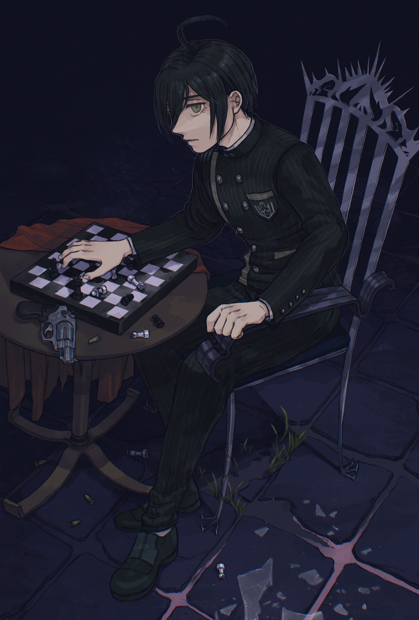 1boy absurdres ahoge bangs black_footwear black_hair black_jacket black_pants board_game breast_pocket brown_eyes brown_footwear buttons chair checkered chess chess_piece closed_mouth commentary_request dangan_ronpa_(series) dangan_ronpa_v3:_killing_harmony double-breasted gun handgun highres jacket kudo_(kddrv3) long_sleeves looking_at_viewer male_focus pants pistol pocket saihara_shuuichi shoes short_hair sitting solo striped_jacket table weapon