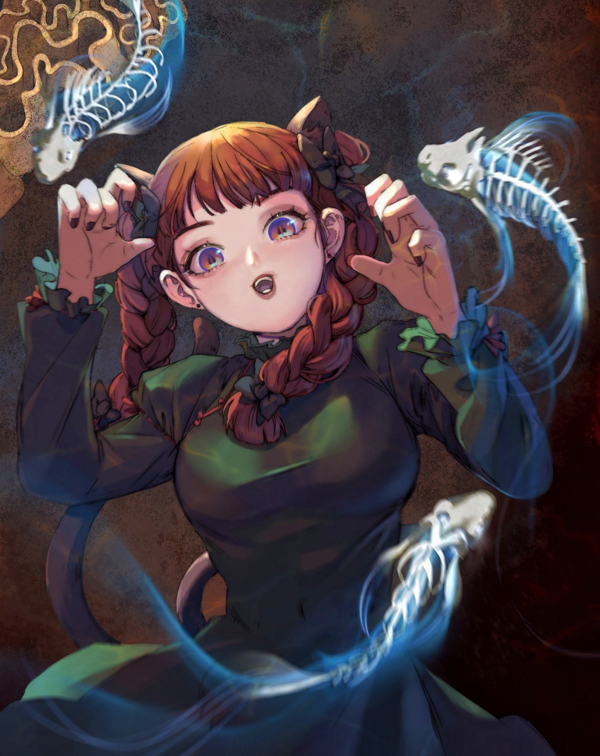 1girl :d animal_ear_fluff animal_ears bangs black_bow black_nails blunt_bangs bow braid breasts brown_background cat_ears cat_tail claw_pose covered_navel dress earrings effy_liu extra_ears fish_bone green_dress hair_bow hair_ribbon hands_up highres hitodama jewelry juliet_sleeves kaenbyou_rin large_breasts lips long_hair long_sleeves looking_at_viewer multicolored multicolored_eyes multiple_tails nail_polish nekomata open_mouth puffy_sleeves red_eyes redhead ribbon simple_background slit_pupils smile solo tail touhou tress_ribbon twin_braids twintails two_tails upper_body