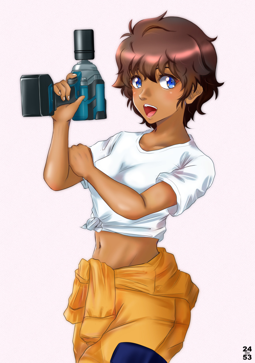 1girl artist_name bangs blue_eyes brown_hair clothes_around_waist commentary cowboy_shot dark_skin girls_und_panzer gloves hand_on_own_arm highres holding jumpsuit jumpsuit_pull looking_at_viewer mechanic midriff navel nishi_itsumi open_mouth orange_jumpsuit pink_background power_tool shirt short_hair signature smile solo standing suzuki_(girls_und_panzer) t-shirt tan tied_shirt uniform white_gloves white_shirt