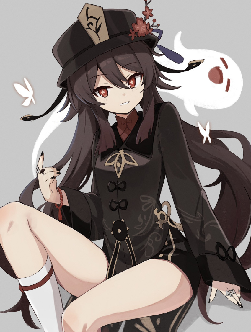 1girl black_hair black_headwear black_nails black_shirt black_shorts collared_shirt flower freenote_mr genshin_impact ghost grey_background grin hair_between_eyes hat hat_flower highres hu_tao_(genshin_impact) jewelry kneehighs long_hair long_sleeves looking_at_viewer nail_polish plum_blossoms red_eyes ring shirt short_shorts shorts simple_background smile solo star-shaped_pupils star_(symbol) symbol-shaped_pupils thick_thighs thighs very_long_hair white_legwear