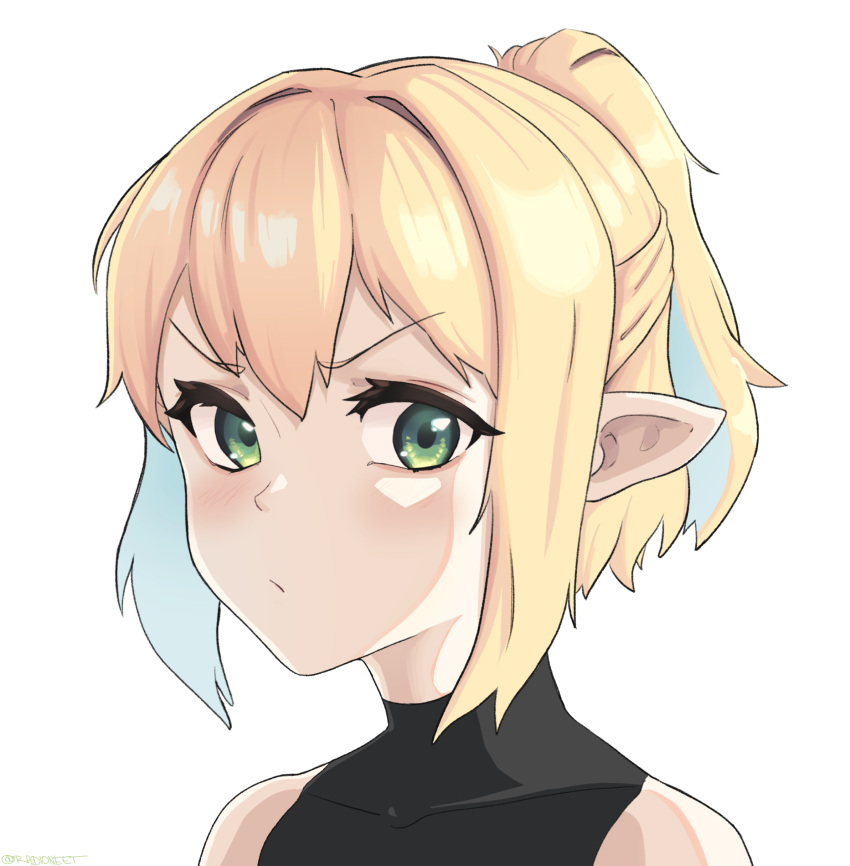 1girl absurdres bangs black_shirt blonde_hair blush closed_mouth commentary_request eyebrows_visible_through_hair green_eyes hair_between_eyes half_updo highres looking_at_viewer mizuhashi_parsee pointy_ears portrait radioneet shirt short_hair short_ponytail simple_background sleeveless sleeveless_shirt solo touhou white_background