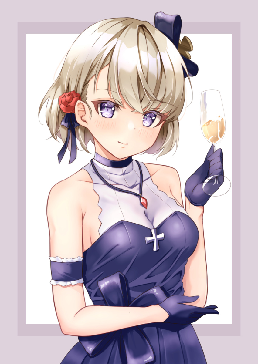 1girl absurdres alcohol azur_lane bangs black_dress black_gloves bob_cut bow champagne classic_(zildjian33) collarbone commentary_request cup detached_sleeves dress drinking_glass eyebrows_visible_through_hair eyes_visible_through_hair gloves hair_bow hair_ornament hair_ribbon head_tilt highres holding holding_cup iron_cross jewelry light_brown_hair looking_at_viewer necklace ribbon short_hair sidelocks simple_background smile solo violet_eyes wine_glass z23_(azur_lane) z23_(the_banquet's_honor_student)_(azur_lane)