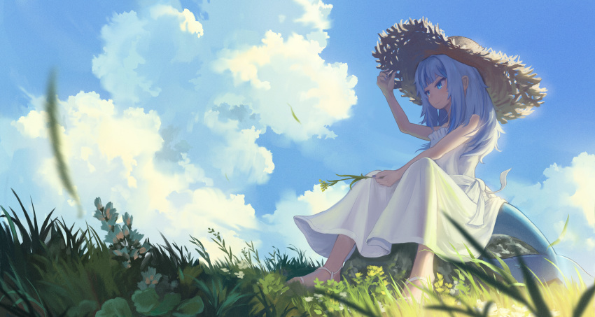 1girl adjusting_clothes adjusting_headwear alternate_costume alternate_hairstyle blue_eyes blue_hair blue_sky closed_mouth commentary dress english_commentary etta full_body gawr_gura hair_down hat highres hololive hololive_english landscape long_hair multicolored_hair on_rock outdoors silver_hair sitting sky smile solo straw_hat streaked_hair sun_hat sundress virtual_youtuber white_dress