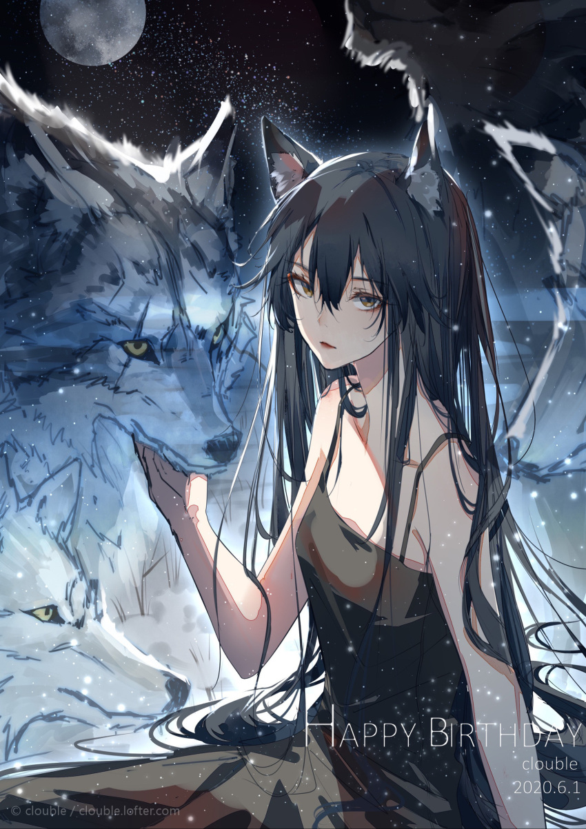 1girl animal_ear_fluff animal_ears arknights artist_name bangs bare_shoulders black_dress black_hair chinese_commentary clouble commentary_request dated dress english_text hair_between_eyes happy_birthday highres long_hair looking_at_viewer moon parted_lips petting scar scar_across_eye sky solo star_(sky) starry_sky texas_(arknights) wolf wolf_ears wolf_girl