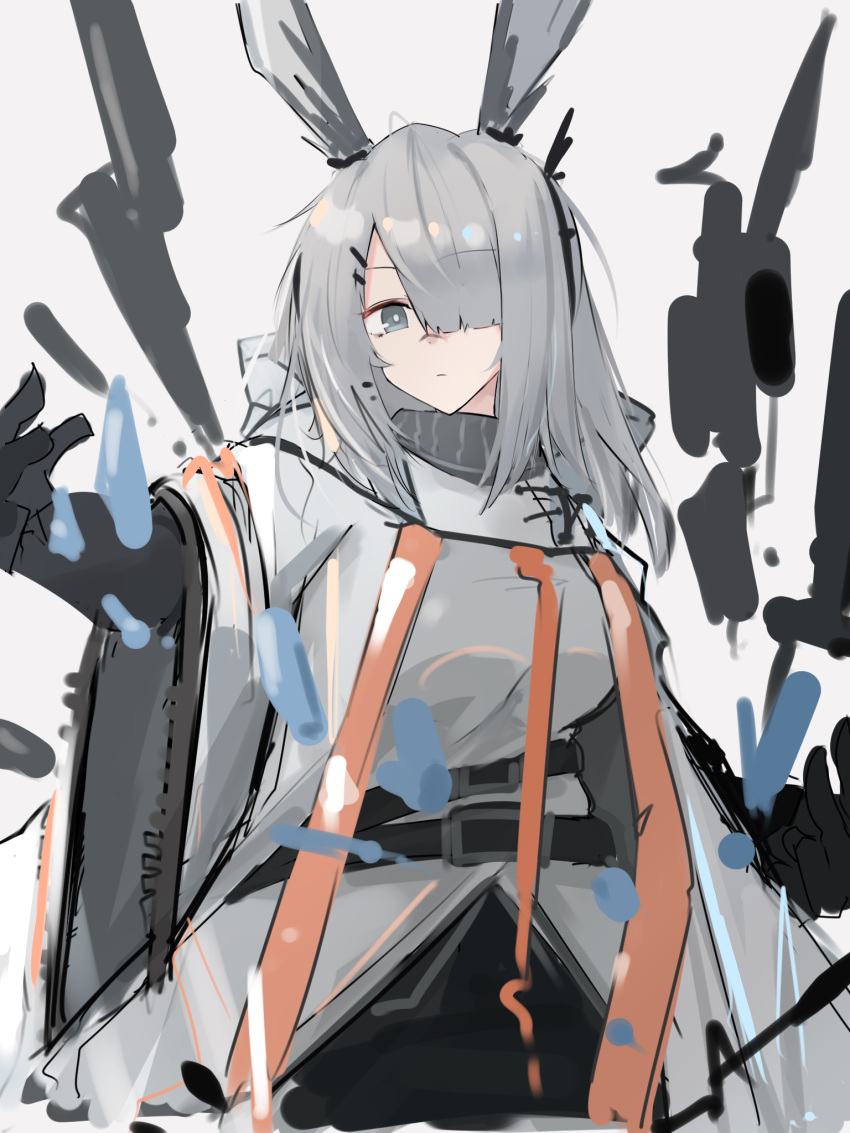 1girl animal_ears arknights asususususu belt black_belt blue_eyes commentary_request eyebrows_visible_through_hair frostnova_(arknights) grey_jacket hair_ornament hair_over_one_eye hairclip hand_up highres jacket looking_at_viewer medium_hair rabbit_ears rabbit_girl scar scar_on_face scar_on_nose sketch solo upper_body white_background white_hair