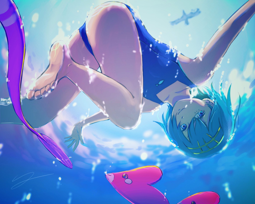 1girl air_bubble bangs bare_arms barefoot blue_eyes blue_hair blue_swimsuit bubble closed_mouth collarbone commentary_request gen_3_pokemon gorebyss hairband highres lana_(pokemon) luvdisc ocean one-piece_swimsuit outstretched_arms pokemon pokemon_(creature) pokemon_(game) pokemon_sm short_hair signature soles swimming swimsuit toes trial_captain underwater water_surface y_(pixiv1616946) yellow_hairband