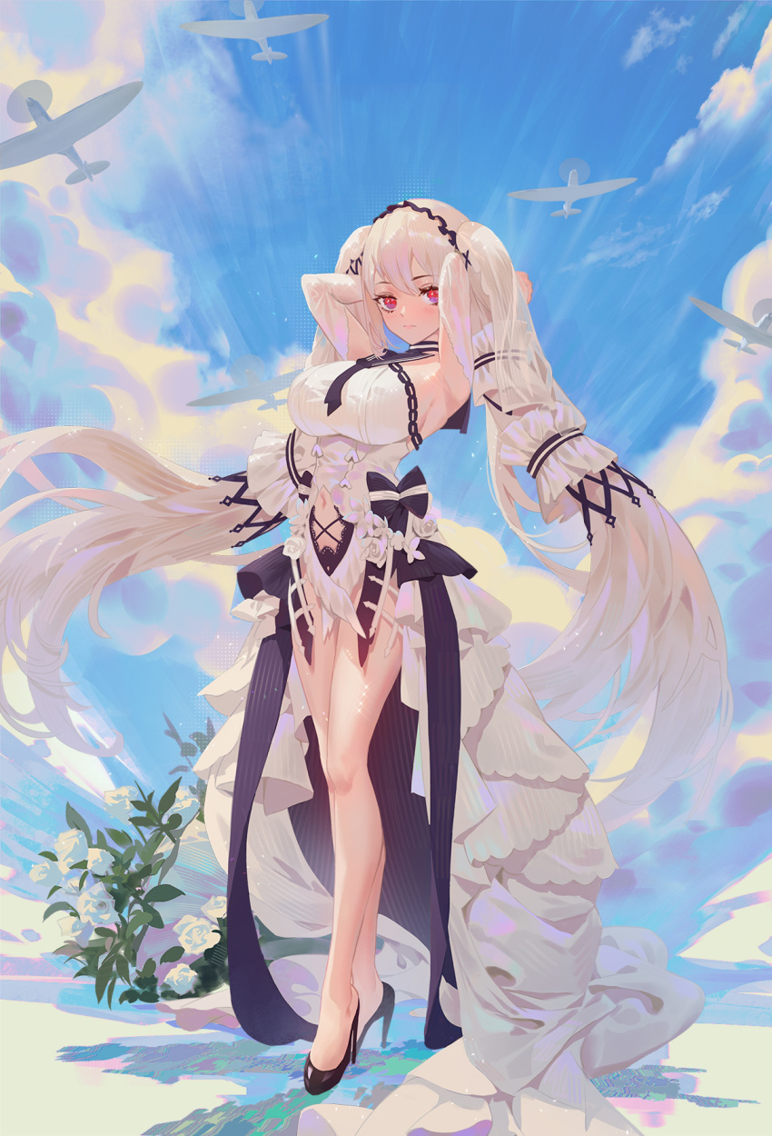 1girl aircraft airplane armpits arms_behind_head arms_up azur_lane bangs bare_legs black_footwear blue_sky blush breasts cirilla closed_mouth clothing_cutout clouds commentary dress english_commentary flower formidable_(azur_lane) formidable_(timeless_classics)_(azur_lane) full_body hair_ribbon high_heels highres large_breasts long_hair looking_at_viewer midriff multicolored multicolored_eyes navel navel_cutout official_alternate_costume plant red_eyes ribbon rose sky solo standing twintails veil very_long_hair violet_eyes white_dress white_flower white_hair white_rose