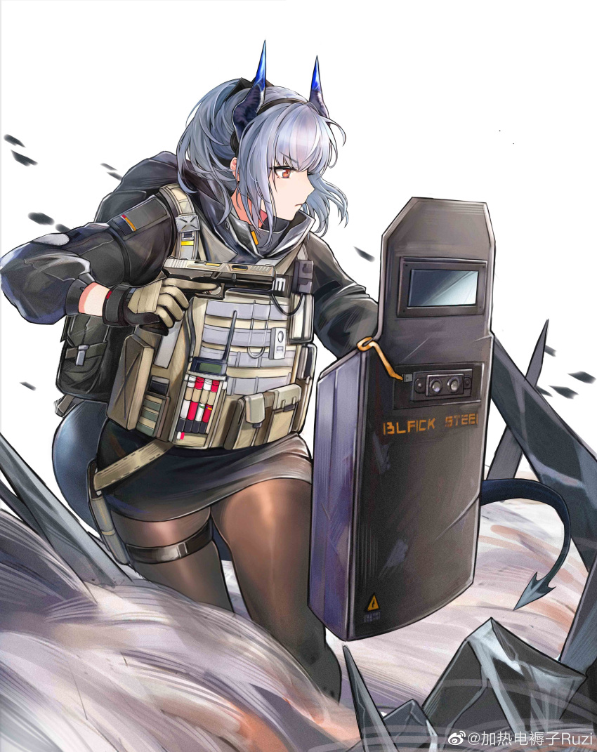 1girl absurdres arknights backpack bag black_legwear blue_hair chinese_commentary commentary_request dragon_girl dragon_horns dragon_tail flag gloves gun handgun highres holding holding_gun holding_shield holding_weapon horns jia_redian_ruzi_ruzi liskarm_(arknights) liskarm_(overload)_(arknights) looking_afar looking_to_the_side miniskirt official_alternate_costume orange_eyes pantyhose pistol ponytail riot_shield shield shoes silver_hair skirt smoke sneakers solo spiked_tail standing tactical_clothes tail weapon weibo_username white_background