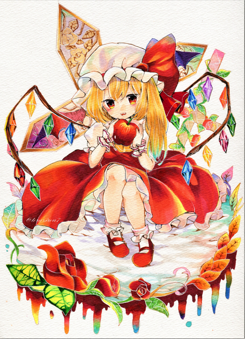 1girl absurdres acrylic_paint_(medium) apple ascot blonde_hair bow canvas_(medium) cross crystal dripping fangs flandre_scarlet flower food frilled_shirt_collar frilled_skirt frilled_sleeves frills fruit gradient_eyes hair_intakes hat highres holding holding_food holding_fruit light_blush looking_at_viewer marker_(medium) mary_janes mob_cap multicolored multicolored_eyes one_side_up puffy_short_sleeves puffy_sleeves red_bow red_eyes red_footwear red_skirt red_vest rose shirt shoes short_hair short_sleeves side_ponytail signature sitting skirt skirt_set solo torajirou_(toraneko_zirou) touhou traditional_media vest white_background white_shirt wings yellow_neckwear