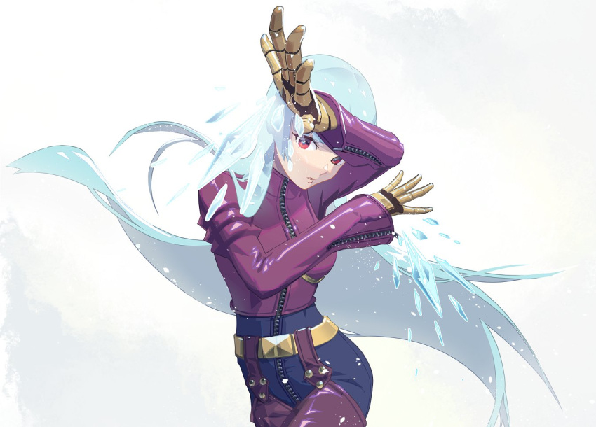 1girl bangs belt blue_hair bodysuit breasts cowboy_shot ffffcoffee gloves ice kula_diamond long_hair looking_at_viewer simple_background small_breasts the_king_of_fighters violet_eyes white_background zipper