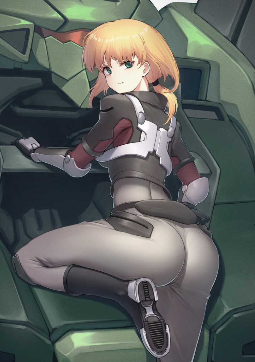 1girl ass blonde_hair blue_gender blush bodysuit boots breasts bullseye_(blue_gender) cropped_jacket from_behind green_eyes grey_bodysuit highres itaco long_hair looking_at_viewer looking_back marlene_angel mecha medium_breasts pilot_suit ponytail shiny shiny_hair solo