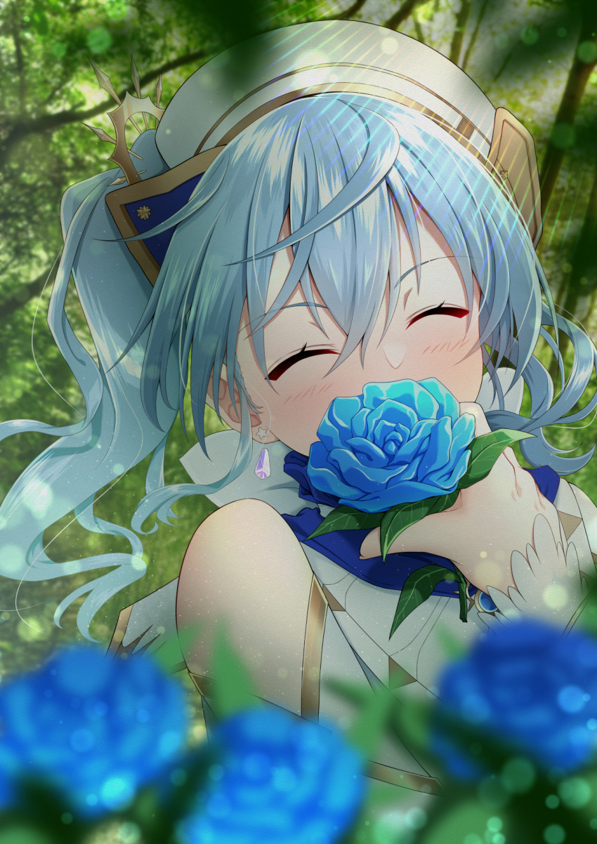 1girl bangs bare_shoulders blue_flower blue_hair blue_rose blush branch closed_eyes earrings facing_viewer flower hat highres hinata_kokage holding holding_flower hololive hoshimachi_suisei jewelry outdoors rose side_ponytail solo star_(symbol) star_in_eye symbol_in_eye tree virtual_youtuber white_headwear