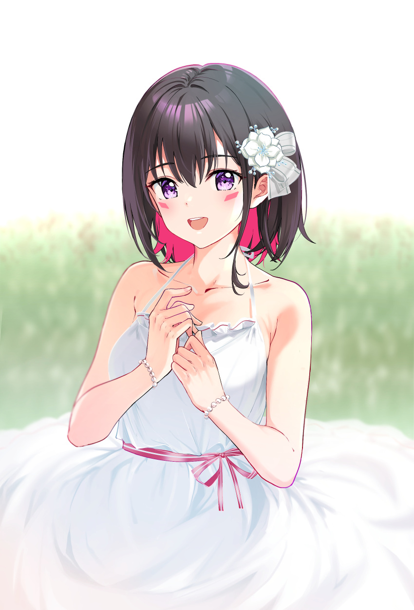 1girl :d absurdres azki_(hololive) bangs black_hair blush breasts dress hair_ornament highres hololive long_hair looking_at_viewer multicolored_hair nonbire open_mouth pink_hair short_hair smile solo violet_eyes virtual_youtuber