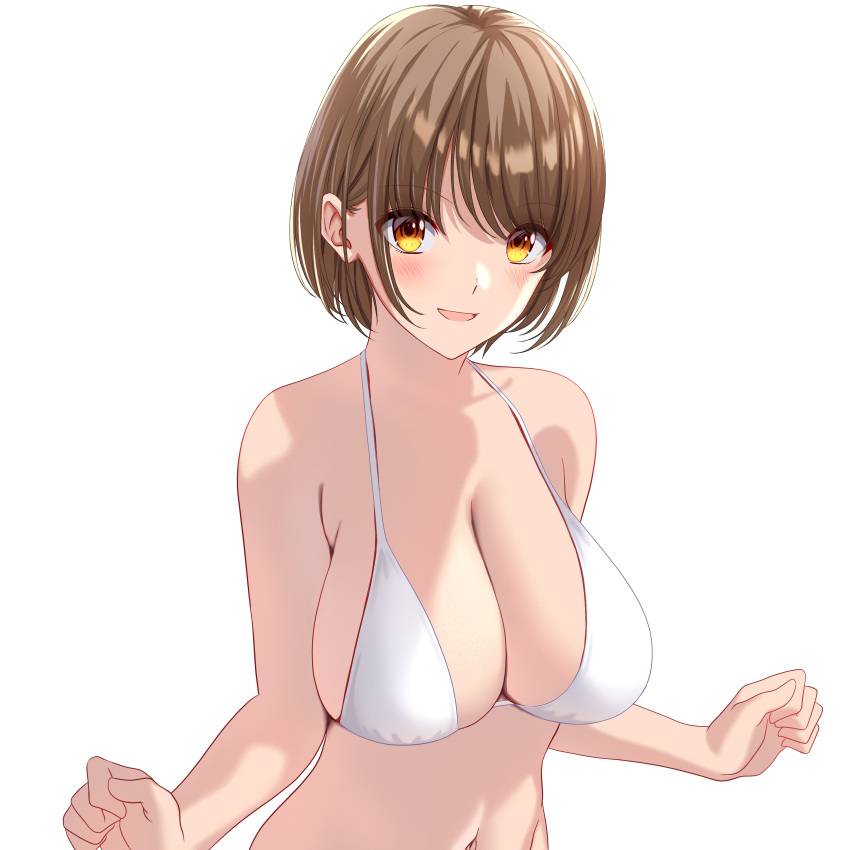 1girl absurdres bikini blush breasts brown_hair commentary_request eyebrows_visible_through_hair highres large_breasts looking_at_viewer marui_koishi navel open_mouth orange_eyes original short_hair simple_background smile solo swimsuit upper_body white_background white_bikini