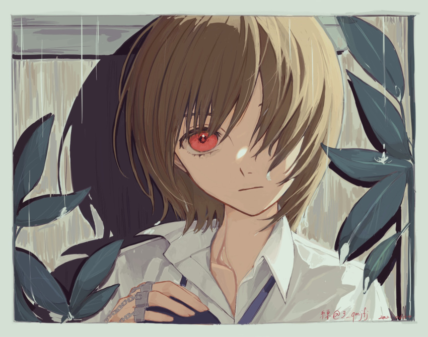 1boy :| artist_name border chain closed_mouth collarbone collared_shirt commentary dated english_commentary expressionless green_border hair_over_one_eye hand_up highres hunter_x_hunter jewelry kurapika leaf looking_at_viewer male_focus multiple_rings neri_(3_qmijfj) one_eye_covered open_collar plant rain red_eyes ring shirt solo twitter_username upper_body white_shirt