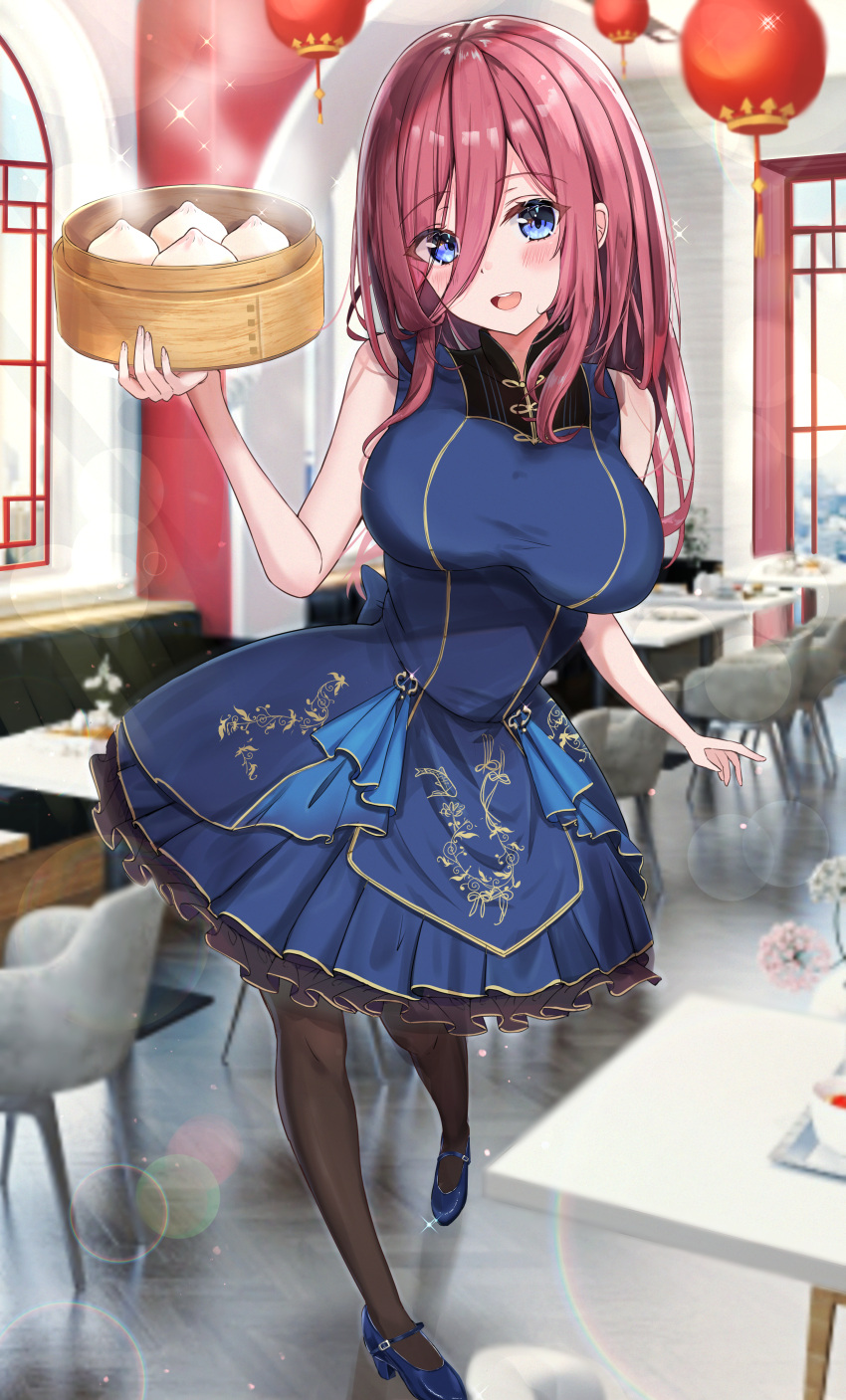 1girl absurdres architecture blue_eyes blush breasts chair china_dress chinese_clothes dress dumpling east_asian_architecture food go-toubun_no_hanayome hair_between_eyes high_heels highres huge_filesize indoors lamp large_breasts long_hair looking_at_viewer nakano_miku open_mouth pantyhose rain_sunny redhead restaurant shoes skirt solo table waitress