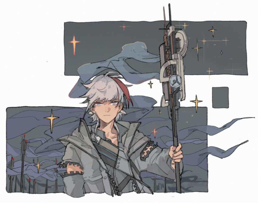 1boy :| arknights blue_eyes closed_mouth coat commentary elysium_(arknights) english_commentary expressionless flag grey_coat grey_hair holding holding_flag holding_staff looking_at_viewer male_focus multicolored_hair night night_sky red_pupils redhead short_hair sky solo sparkle staff star_(sky) streaked_hair tkm_(1322323425) upper_body white_background