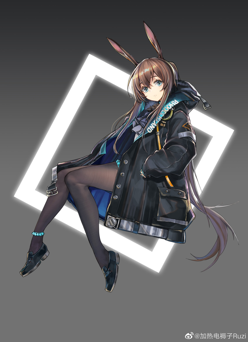 1girl absurdres amiya_(arknights) animal_ears arknights bangs black_footwear black_jacket black_legwear blue_eyes brown_hair chinese_commentary closed_mouth commentary_request expressionless from_side full_body hair_between_eyes highres hood hood_down invisible_chair jacket jewelry jia_redian_ruzi_ruzi light logo long_hair long_sleeves looking_at_viewer looking_to_the_side multiple_rings pantyhose rabbit_ears ring shoes sidelocks sitting solo very_long_hair weibo_username