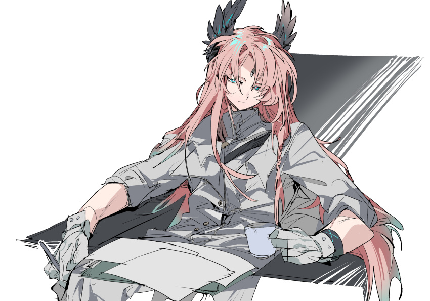 1boy :| arknights armchair blue_eyes bright_pupils chair chinese_commentary closed_mouth coffee_mug commentary_request cup expressionless eyebrows_visible_through_hair feather_hair forehead_jewel gloves highres holding holding_cup infection_monitor_(arknights) jacket ling_s long_hair looking_at_viewer male_focus mug passenger_(arknights) pink_hair red_pupils simple_background sitting sleeves_rolled_up solo white_background white_gloves white_jacket white_pupils