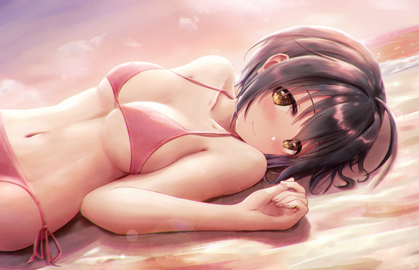 1girl absurdres ahoge bare_arms bare_shoulders beach bikini black_hair blush breasts closed_mouth collarbone dutch_angle from_side highres huge_filesize idolmaster idolmaster_cinderella_girls idolmaster_cinderella_girls_starlight_stage kohinata_miho lens_flare looking_at_viewer looking_to_the_side lying masuku_(saint_mask) medium_breasts on_back on_ground orange_sky outdoors pink_bikini short_hair side-tie_bikini sky smile solo sunlight swimsuit under_boob yellow_eyes