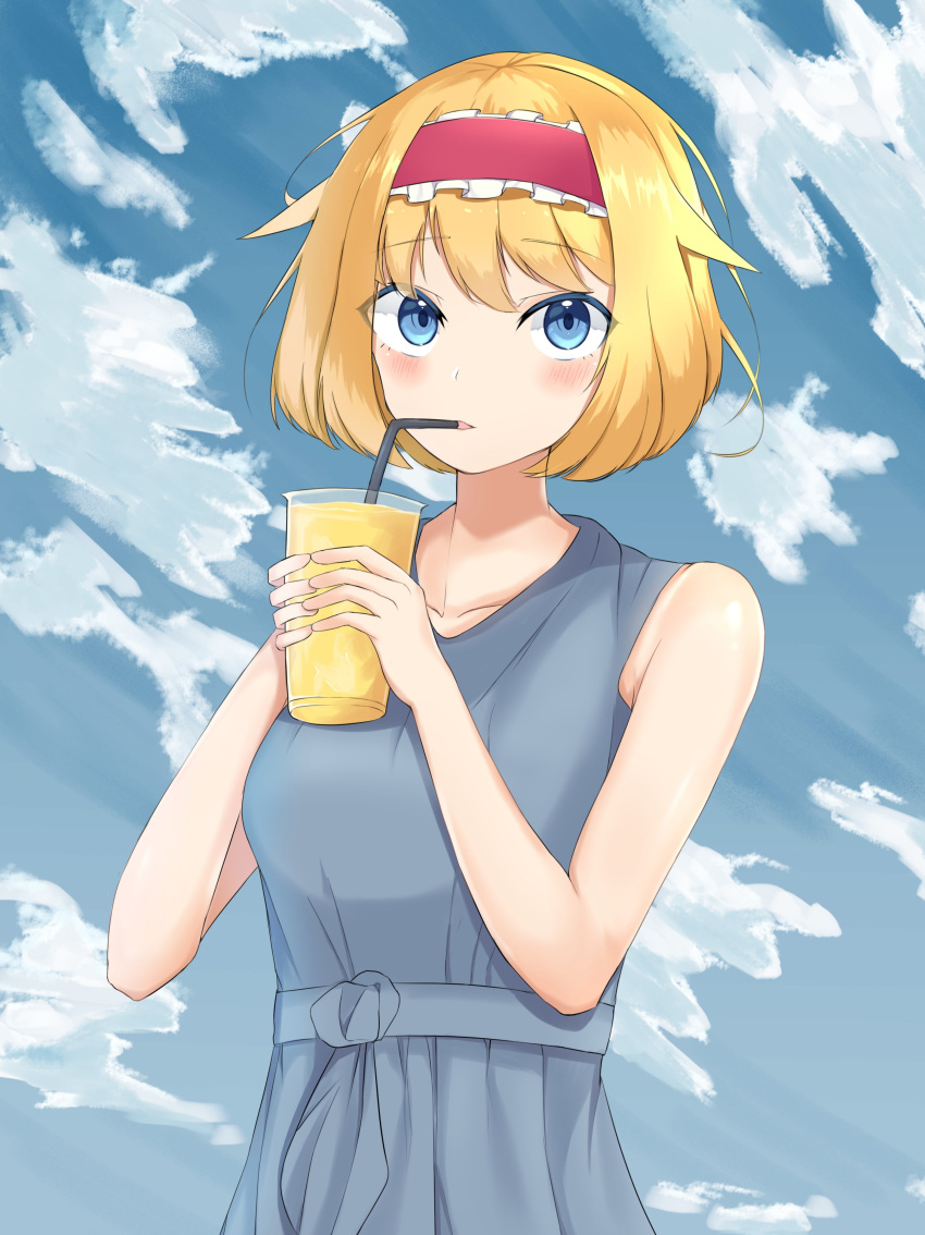 1girl absurdres alice_margatroid bangs blonde_hair blue_dress blue_eyes blue_sky blush breasts clouds commentary_request cookie_(touhou) cowboy_shot cup day dress drinking drinking_straw_in_mouth eyebrows_visible_through_hair eyes_visible_through_hair frilled_hairband frills hairband highres ichigo_(cookie) ikikiksgiksg looking_at_viewer medium_breasts open_mouth red_hairband short_hair sky sleeveless sleeveless_dress solo touhou