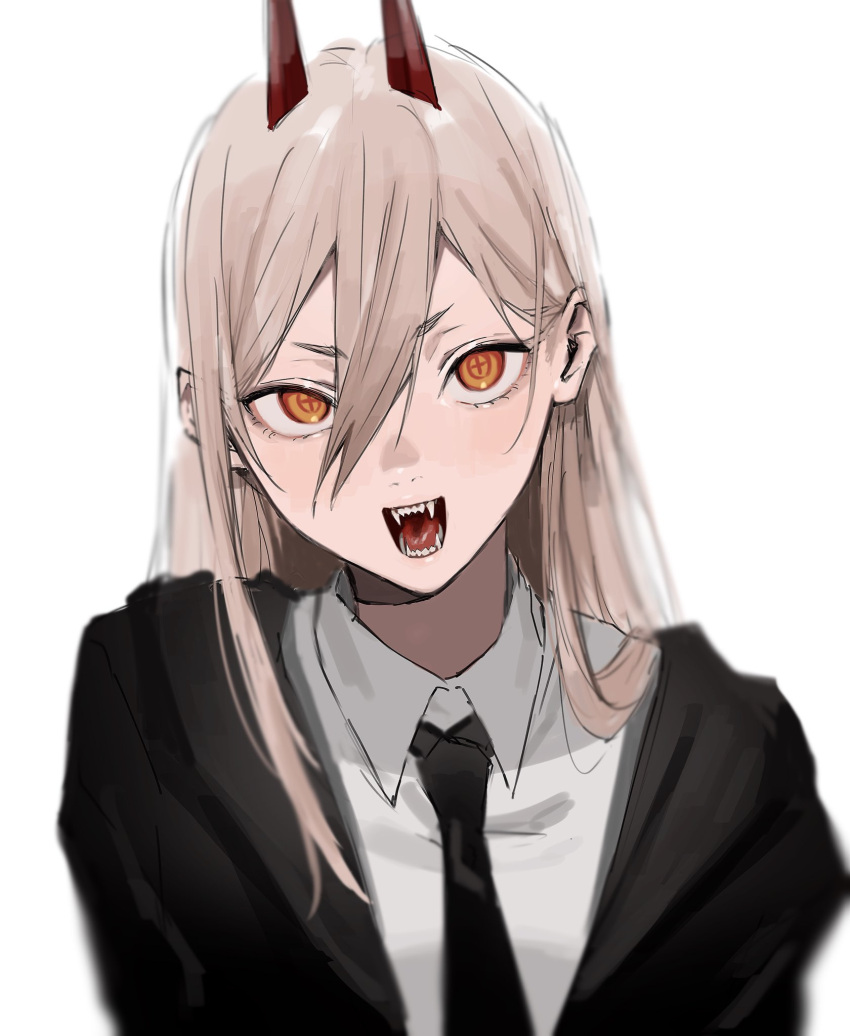 +_+ 1girl black_jacket black_neckwear blonde_hair blurry breasts chainsaw_man collared_shirt commentary demon_horns depth_of_field dress_shirt eyebrows_visible_through_hair fangs hair_between_eyes highres horns jacket ktym_777 long_hair looking_at_viewer necktie open_clothes open_jacket open_mouth orange_eyes power_(chainsaw_man) sharp_teeth shirt simple_background small_breasts smile solo straight_hair teeth tsurime upper_body white_background white_shirt wing_collar