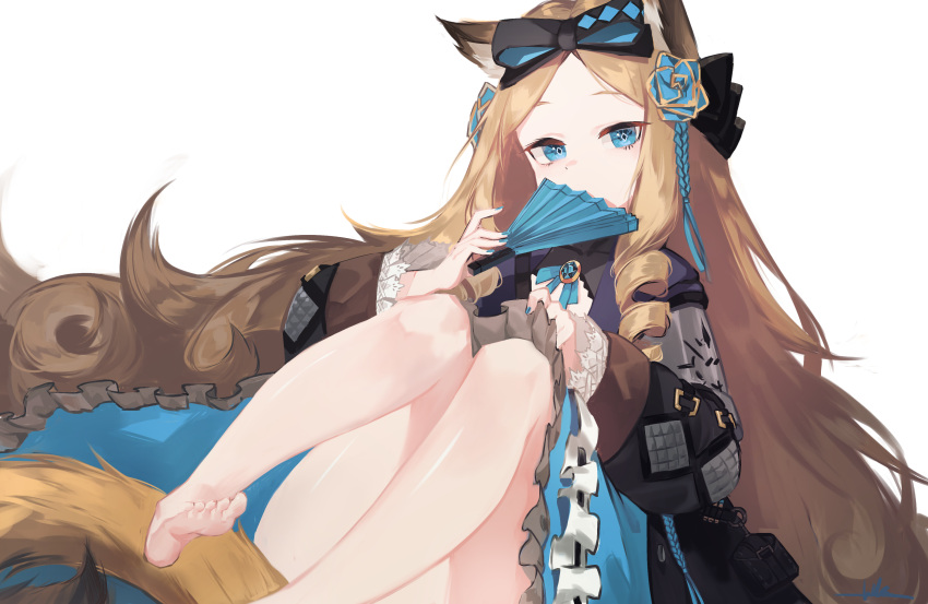 1girl absurdres animal_ears arknights black_bow black_jacket blonde_hair blue_eyes blue_nails blue_skirt bow cat_ears cat_girl cat_tail diamond-shaped_pupils diamond_(shape) drill_hair fan hair_bow hair_ornament highres holding holding_fan iris_(arknights) jacket knees_up libiadan long_hair looking_at_viewer open_clothes open_jacket simple_background sitting skirt solo symbol-shaped_pupils tail twin_drills very_long_hair white_background