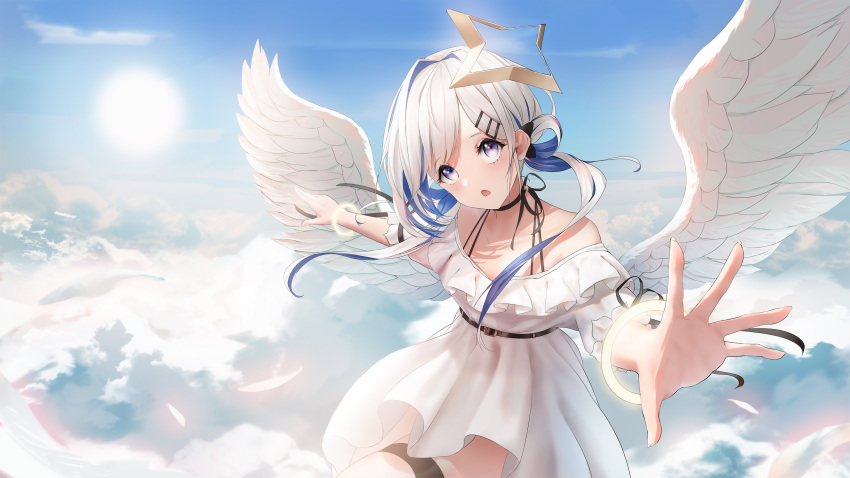 1girl absurdres alternate_costume alternate_hairstyle amane_kanata angel angel_wings bangs belt belt_buckle black_belt black_neckwear black_ribbon blue_hair blue_sky buckle clouds cloudy_sky day dress eyebrows_visible_through_hair feathered_wings feathers flying hair_ornament hair_rings hairclip halo highres hololive long_hair looking_at_viewer multicolored_hair neck_ribbon open_hand open_mouth outstretched_hand ribbon short_dress sky solo star_(symbol) star_hair_ornament streaked_hair sun sunlight thigh_strap tied_hair two-tone_hair violet_eyes virtual_youtuber wanne white_dress white_hair wings