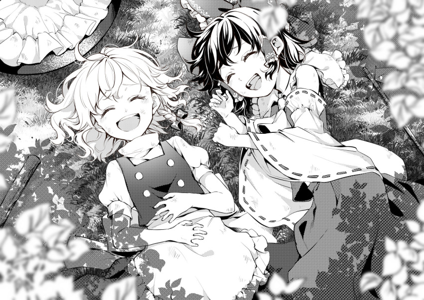 2girls apron ascot bangs black_dress black_hair black_vest bow braid broom buttons collared_shirt commentary detached_sleeves dress eyebrows_visible_through_hair frilled_bow frilled_dress frilled_shirt_collar frills gohei grass greyscale hair_bow hair_ornament hair_tubes hakurei_reimu hands_on_stomach hat headwear highres jill_07km kirisame_marisa laughing leaf long_sleeves lying medium_hair monochrome multiple_girls nature neckerchief on_back on_floor on_ground on_side open_mouth puffy_sleeves shirt short_sleeves side_braid sidelocks single_braid sleeveless sleeveless_shirt smile touhou turtleneck vest waist_apron witch_hat