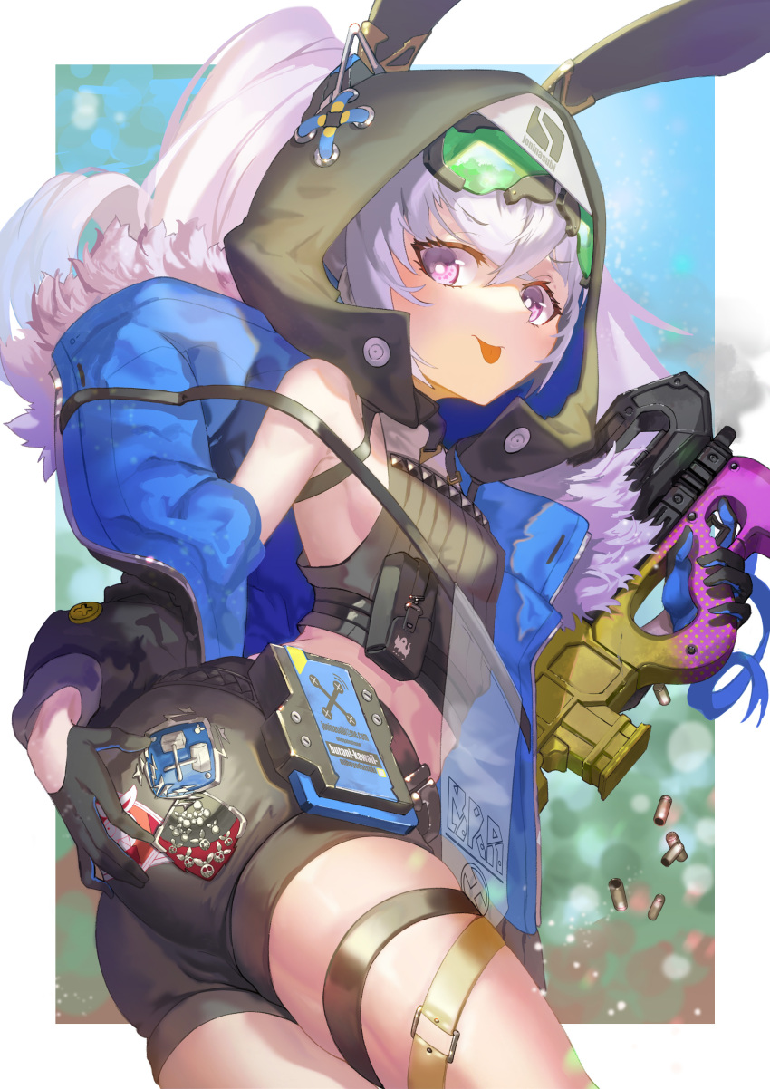 1girl absurdres animal_ears animal_hood ass_grab bare_shoulders black_gloves black_jacket black_shorts bronya_zaychik bronya_zaychik_(haxxor_bunny) bullpup drill_hair gloves grey_eyes grey_hair gun hair_between_eyes highres holding holding_gun holding_weapon honkai_(series) honkai_impact_3rd hood jacket johnny-chan looking_at_viewer p90 rabbit_ears shell_casing shorts smoking solo submachine_gun tongue tongue_out twin_drills weapon